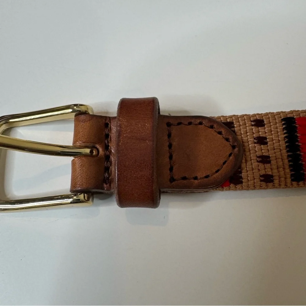 J CREW woven tapestry leather belt, Tan, Black, Red Southwestern Style size XS